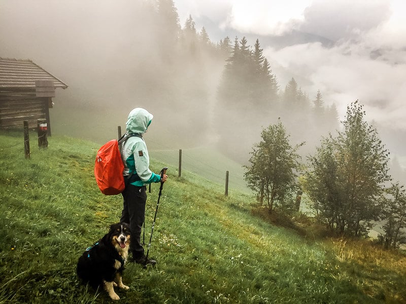 Couchflucht und Hund Skye im Nebel und Regen an der Goldbergh&uuml;tte