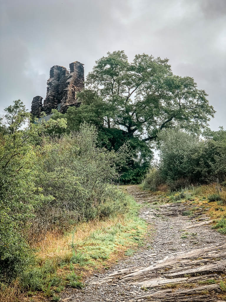 Wandern an der Mosel auf dem felsigen Kluckertspfad an der Wolfer Klosterruine