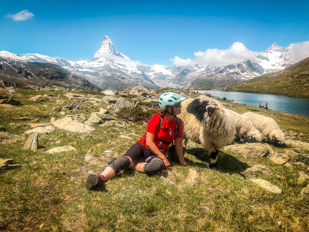 Couchflucht Sabrina Bechtold sitzt mit einem Walliser Schwarznasenschaf am Stellisee in Zermatt - Matterhorn