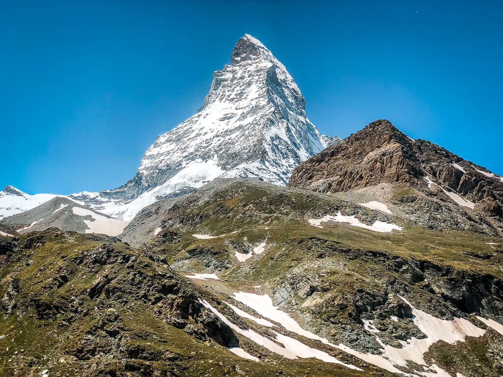 Zermatt Biken: Sicht auf das Matterhorn von der Bergstation Schwarzsee in Zermatt
