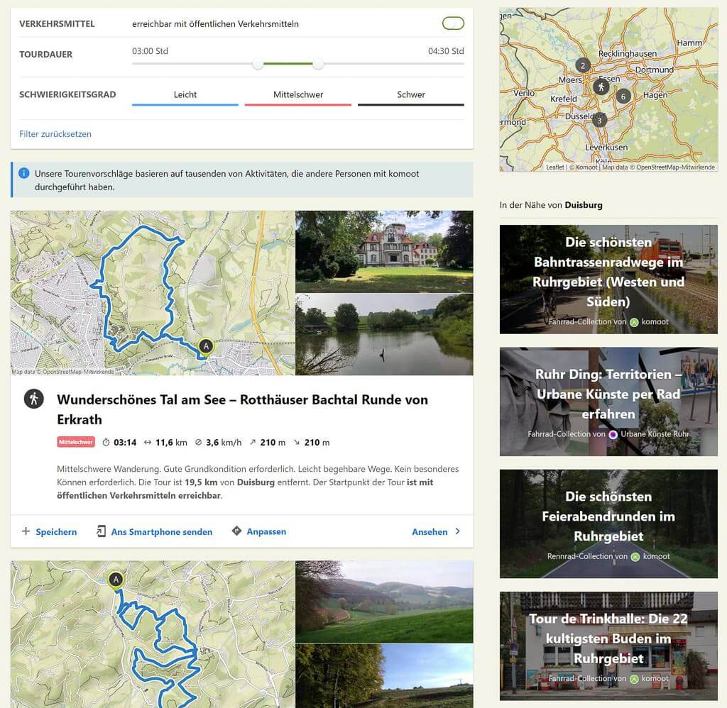 Komoot App Tourenvorschl&auml;ge in der Umgebung