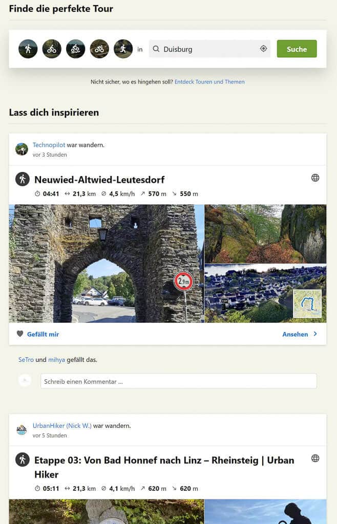 Komoot App Routenplaner Inspirationen durch Touren anderer User