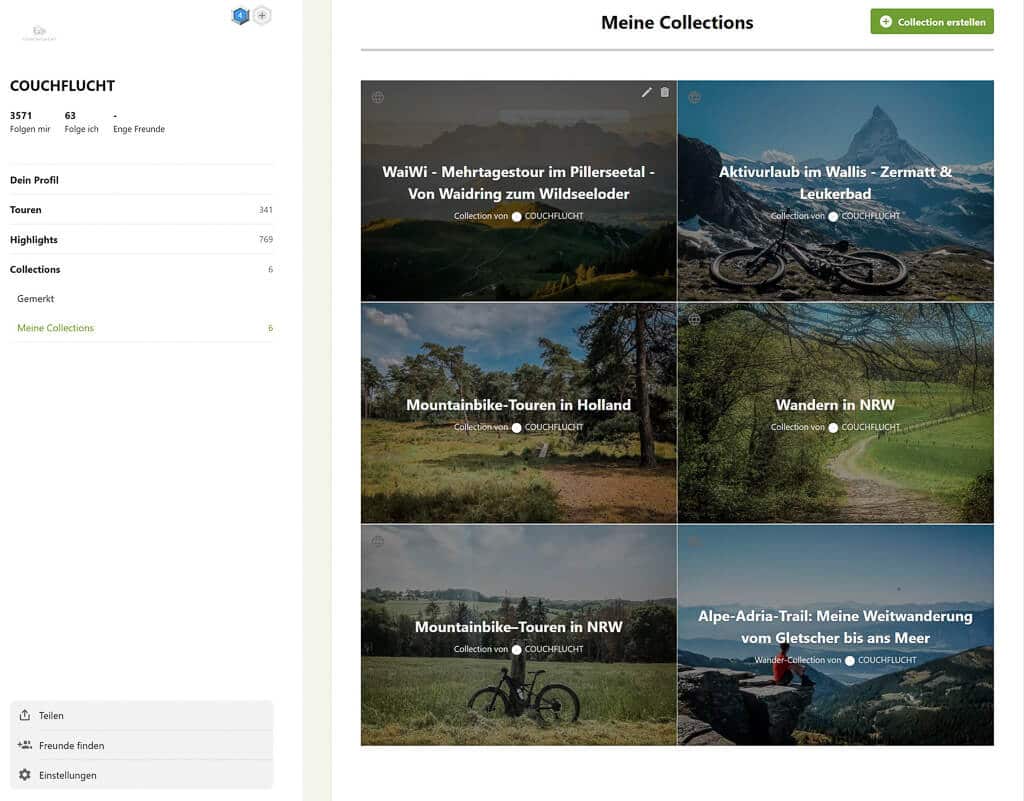 Komoot App - Collections von Couchflucht zum Wandern und Mountainbiken