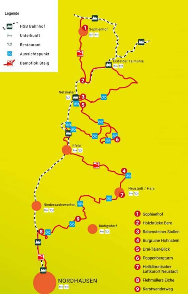 &Uuml;bersichtskarte mit Verlauf des S&uuml;dharzer Dampfloksteigs