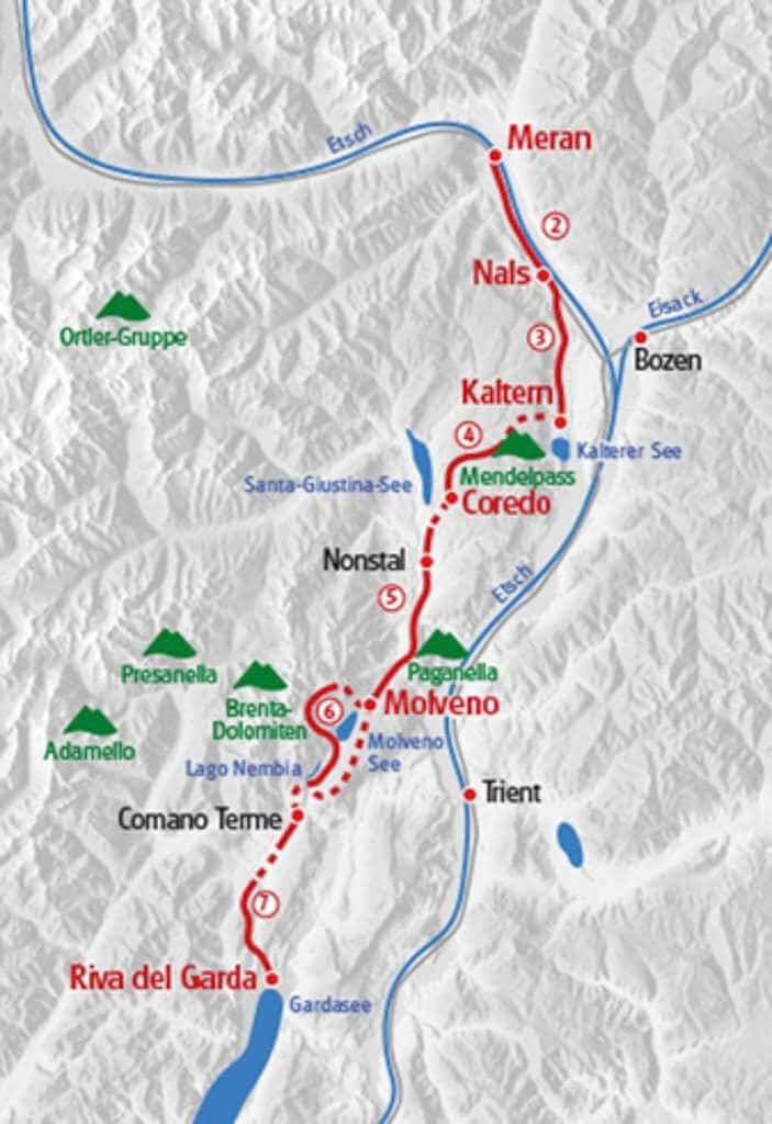 &Uuml;bersicht Streckenverlauf der Wanderung von Meran zum Gardasee
