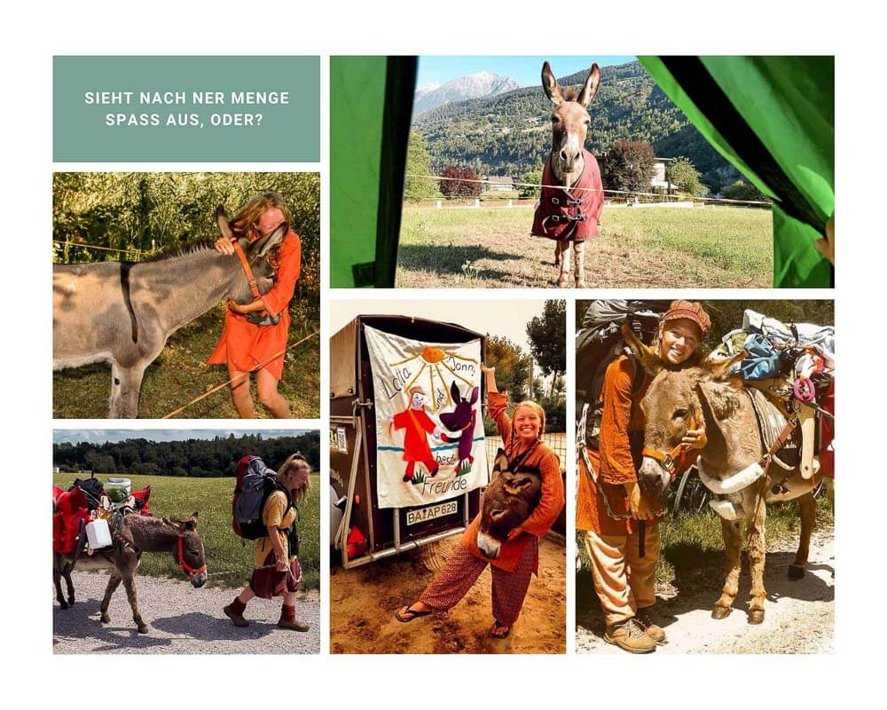 Lotta Lubkoll mit Esel Jonny w&auml;hrend ihrer Wanderung &uuml;ber die Alpen