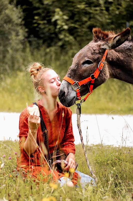 Wandern mit Esel Jonny und Lotta Lubkoll auf einer Blumenwiese