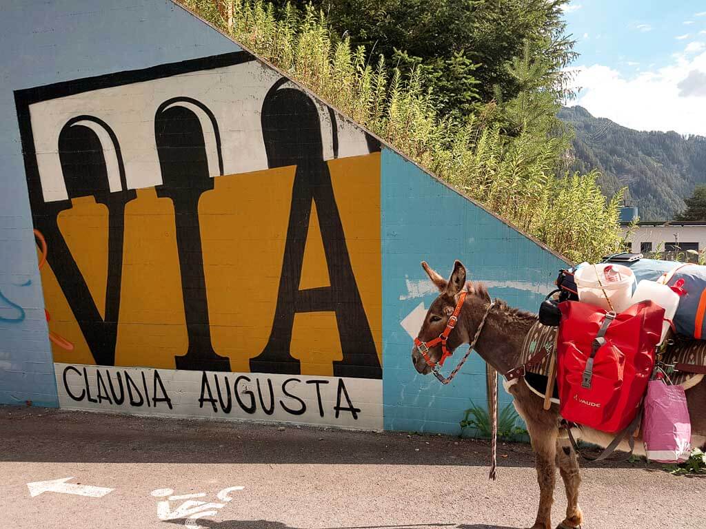 Esel Jonny vor einer Bemalung der Via Claudia Augusta