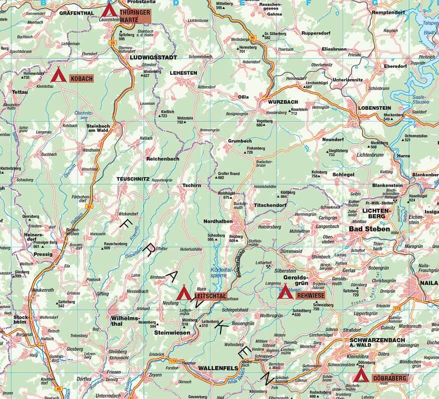 &Uuml;bersichtskarte Lage der Trekkingpl&auml;tze im Frankenwald