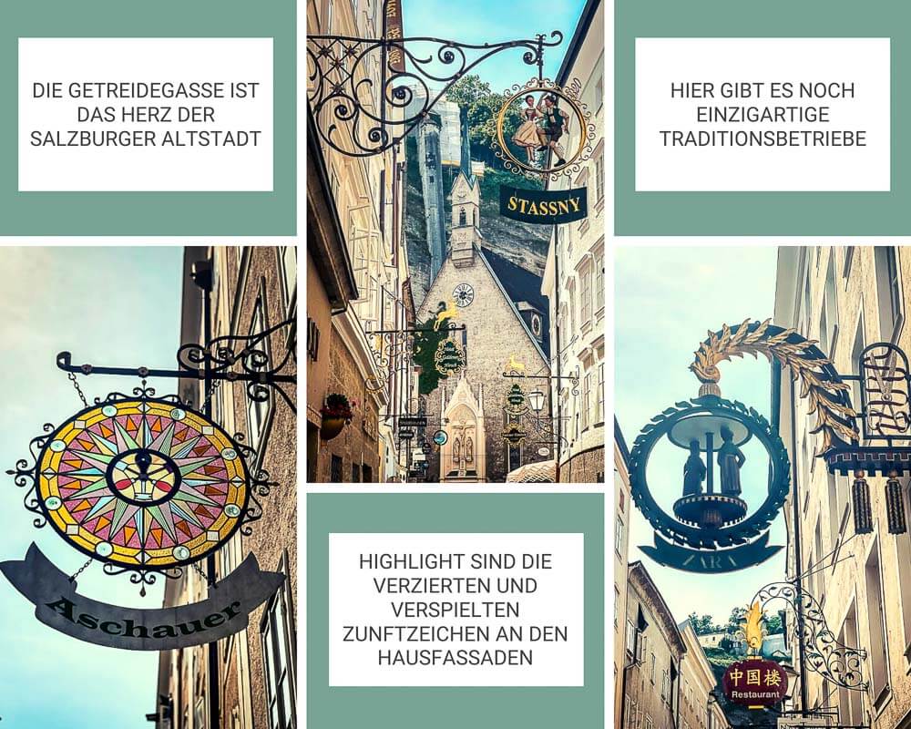 Salzburg Altstadt - Getreidegasse mit Zunftzeichen und Ladenschildern