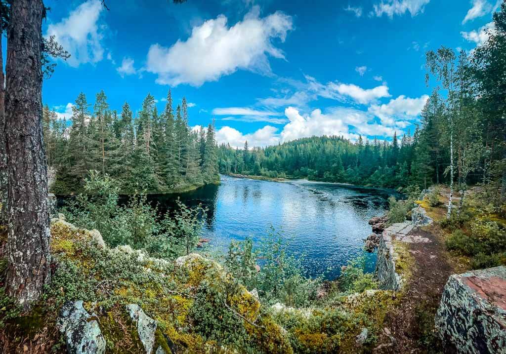 Fluss- und Waldlandschaft auf dem Siljansleden in Dalarna