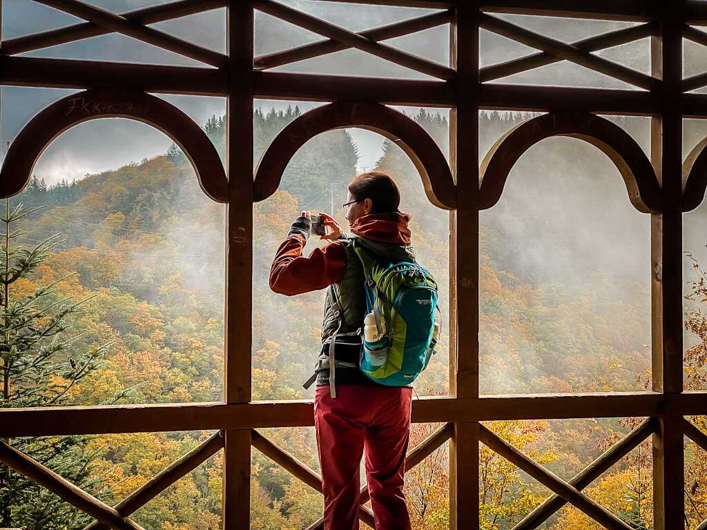 Couchflucht Sabrina Bechtold fotografiert Herbstwald in einer Schutzh&uuml;tte der Vulkaneifel.
