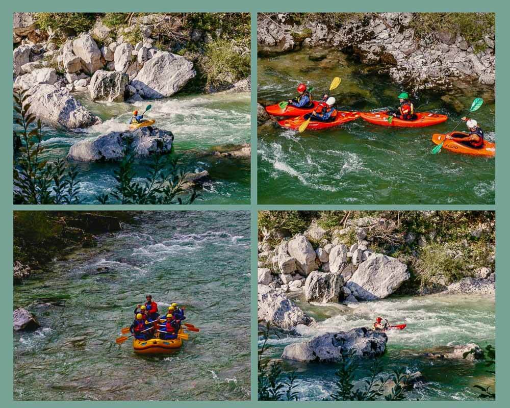 Rating und Kajaks auf der Soca im Soca Tal bei Bovec