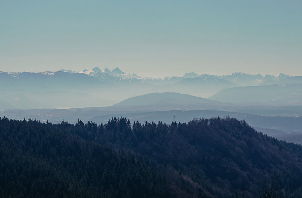 Bergpanorama vom Aussichtsturm G&ouml;blberg im Hausruckwald