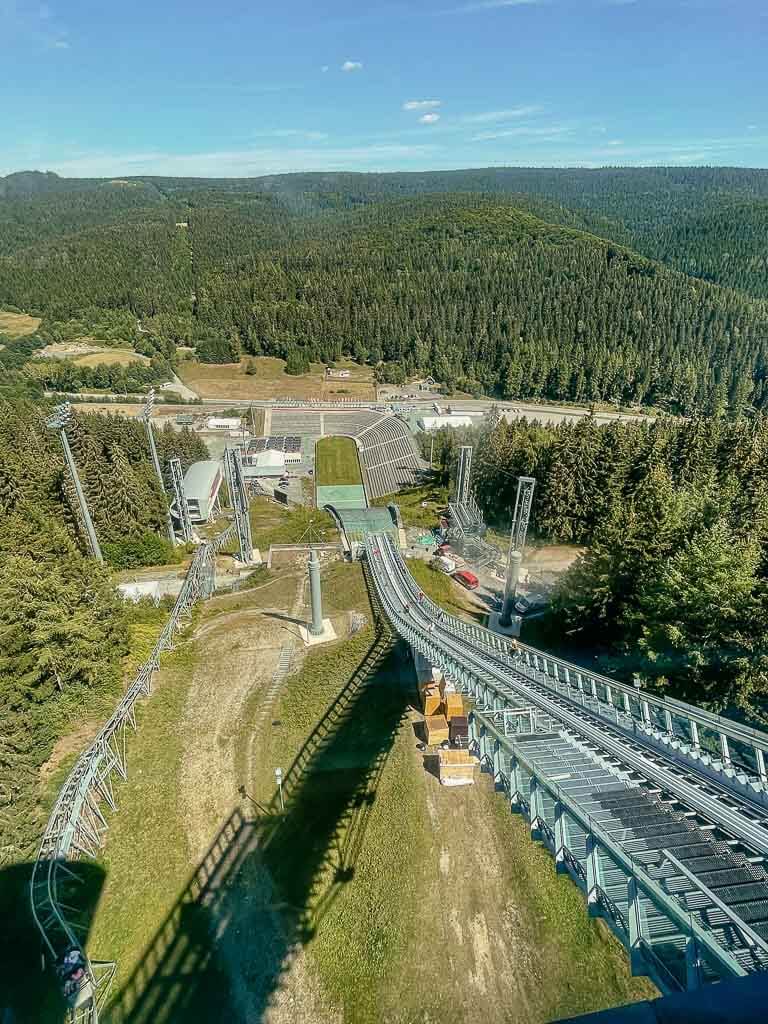 Aussicht vom Schanzenturm der Vogtland-Arena Klingenthal im Vogtland