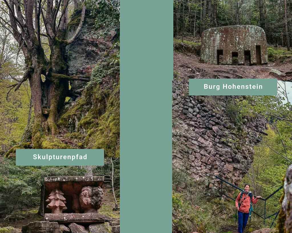 Skulpturenpfad und Burg Hohenstein im Elsass bei Nideck