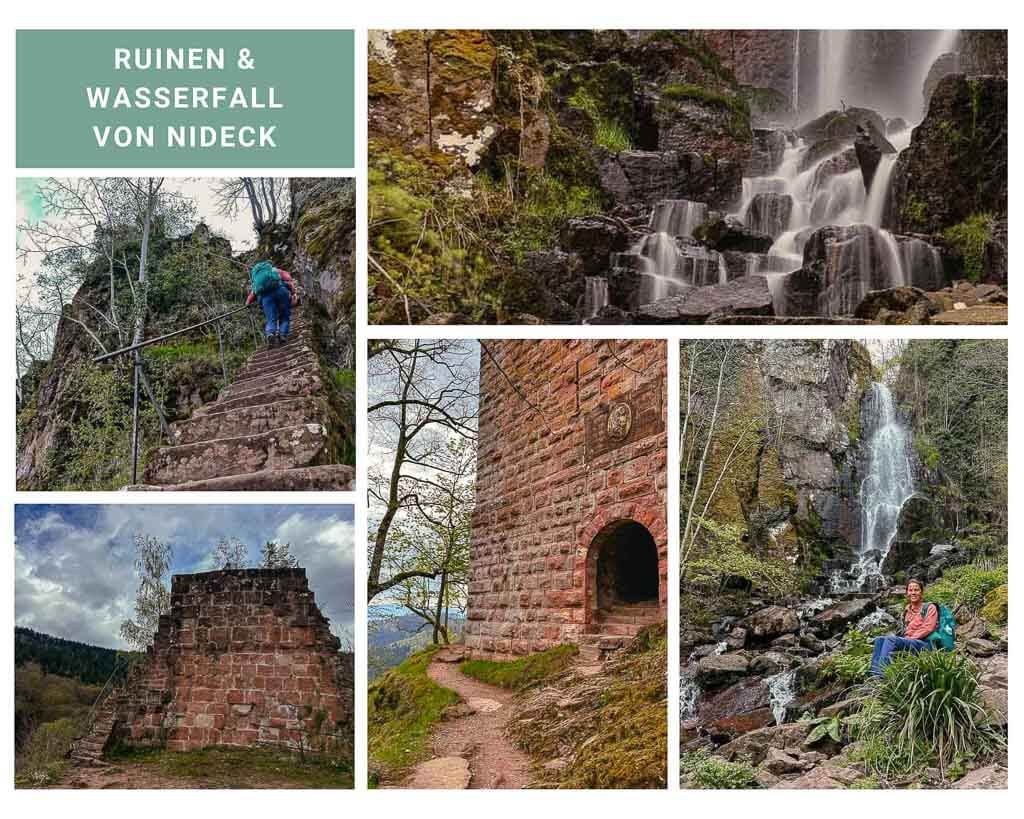 Wasserfall und Burgruinen von Nideck beim Wandern im Elsass