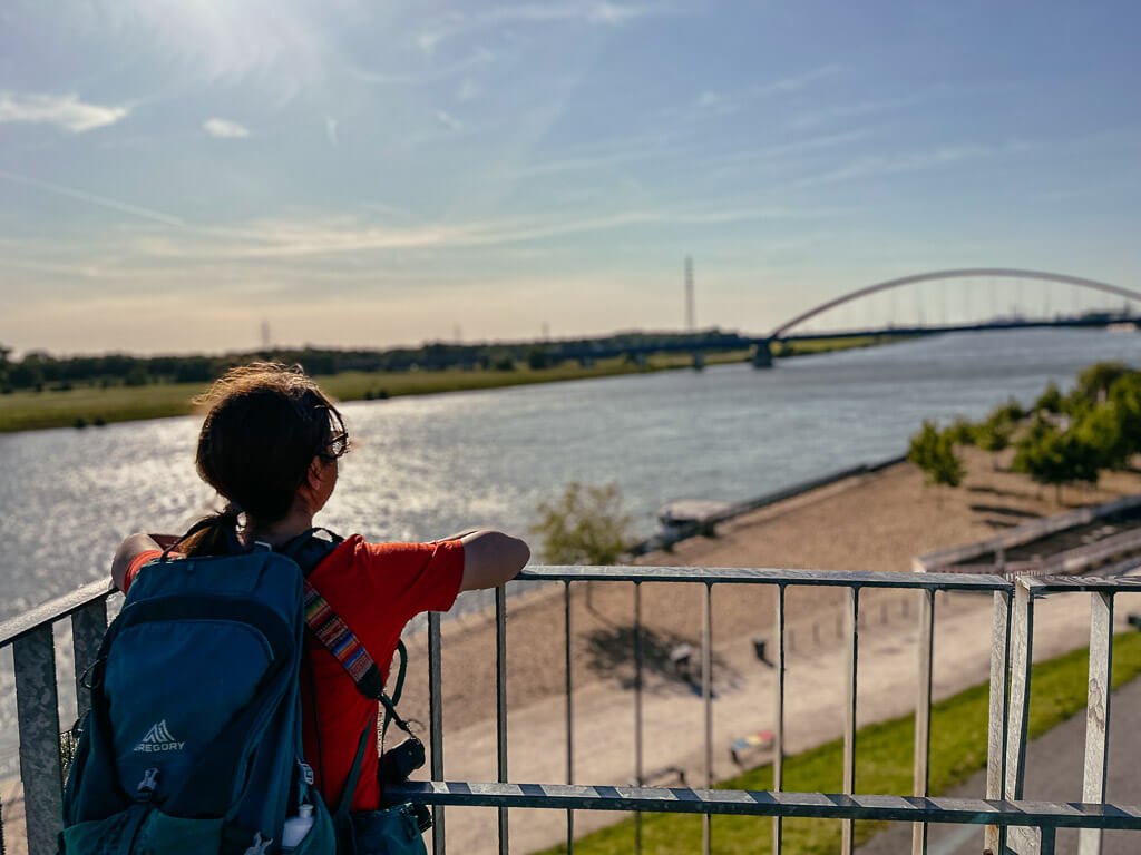 den Rhein und die Br&uuml;cke der Solidarit&auml;t im Rheinpark Duisburg