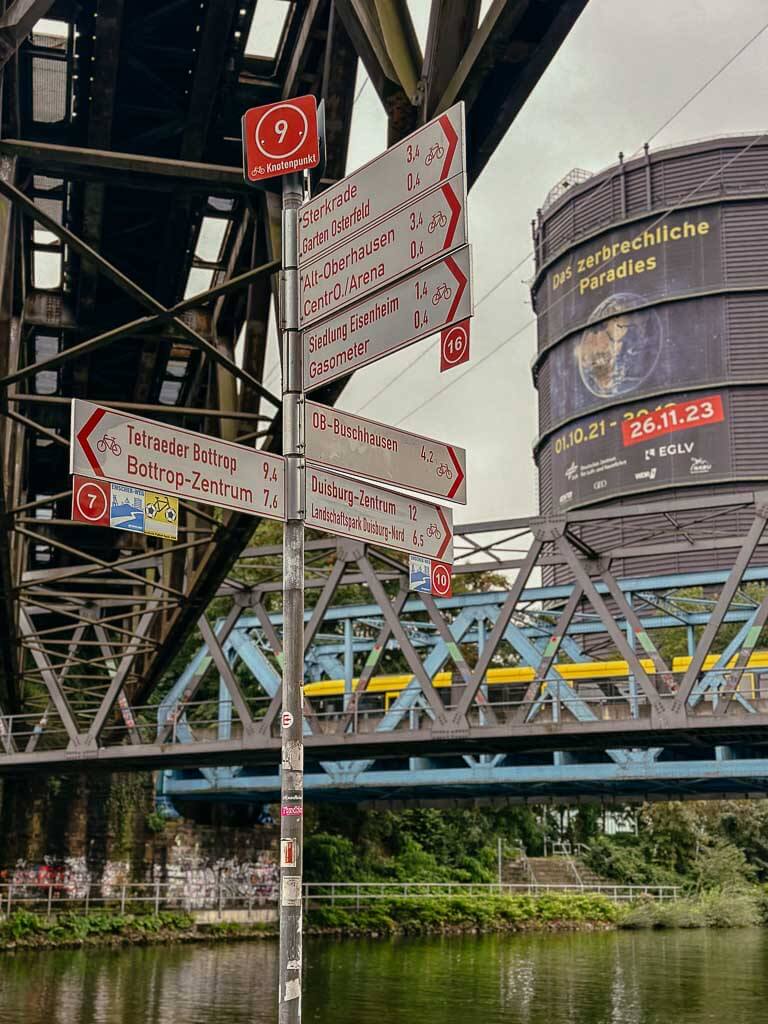Wegweiser am Knotenpunkt 9 des Radrevier Ruhr am Gasometer in Oberhausen