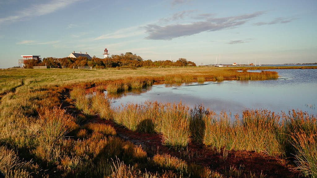 Wandern auf Albuen am Leuchtturm auf der Insel Lolland in D&auml;nemark